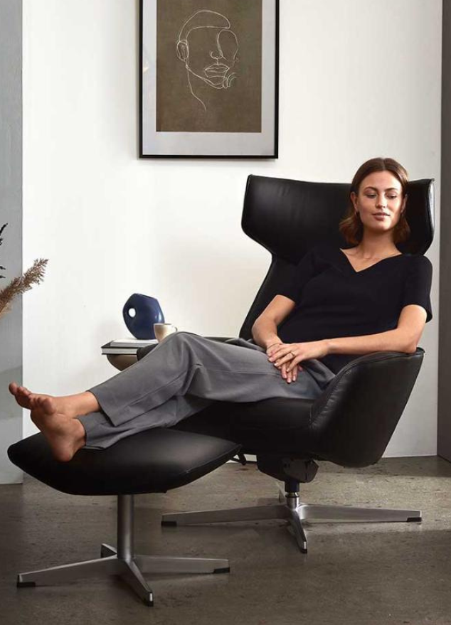 Fauteuil inclinable cuir noir moderne + repose pieds - Palmana