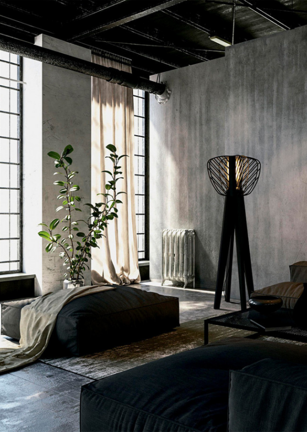 Lampadaire design italien noir métal et bois - Heliona