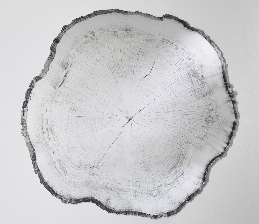 Miroir rond mural design Arbo – vue de face – effet tronc d'arbre coupé – contour noir