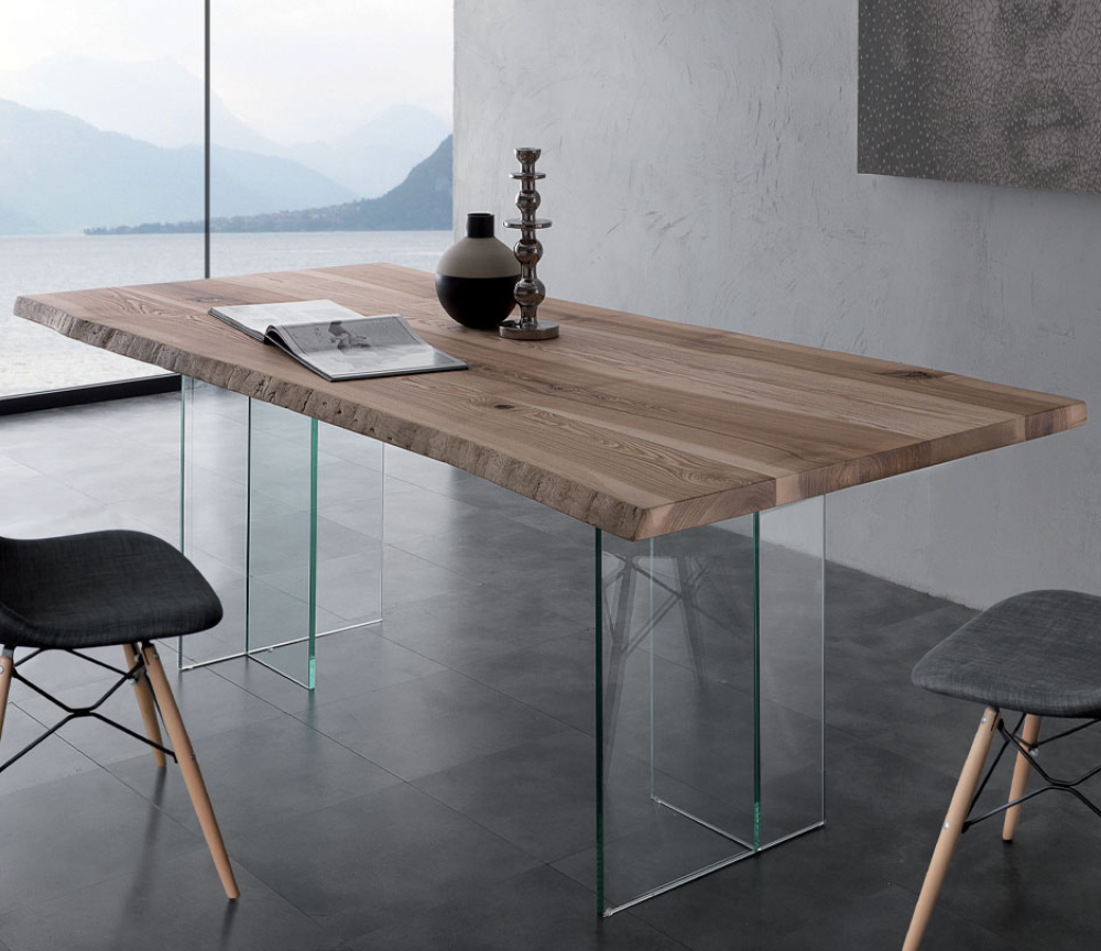 Table bois massif tronc de salle à manger pieds verre design - Biola