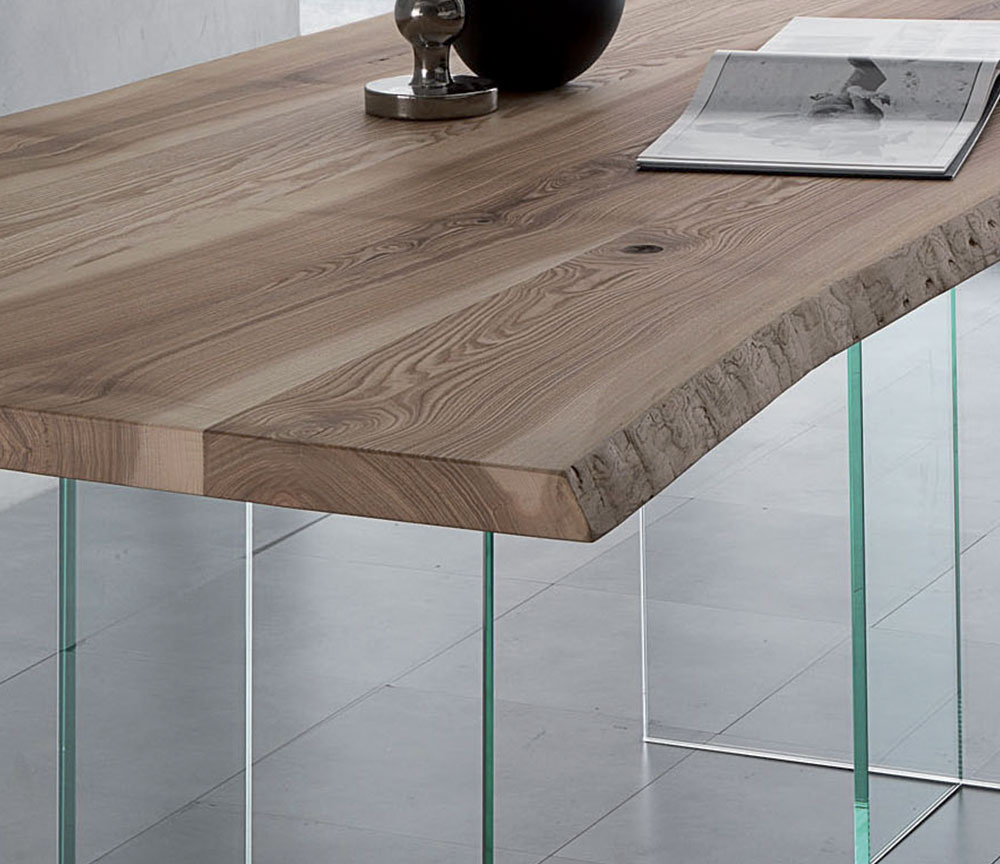 Table bois massif tronc de salle à manger pieds verre design - Biola