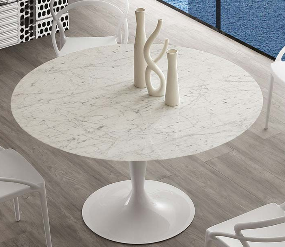 Table ronde a manger marbre blanc pied central 120 cm - Gweny
