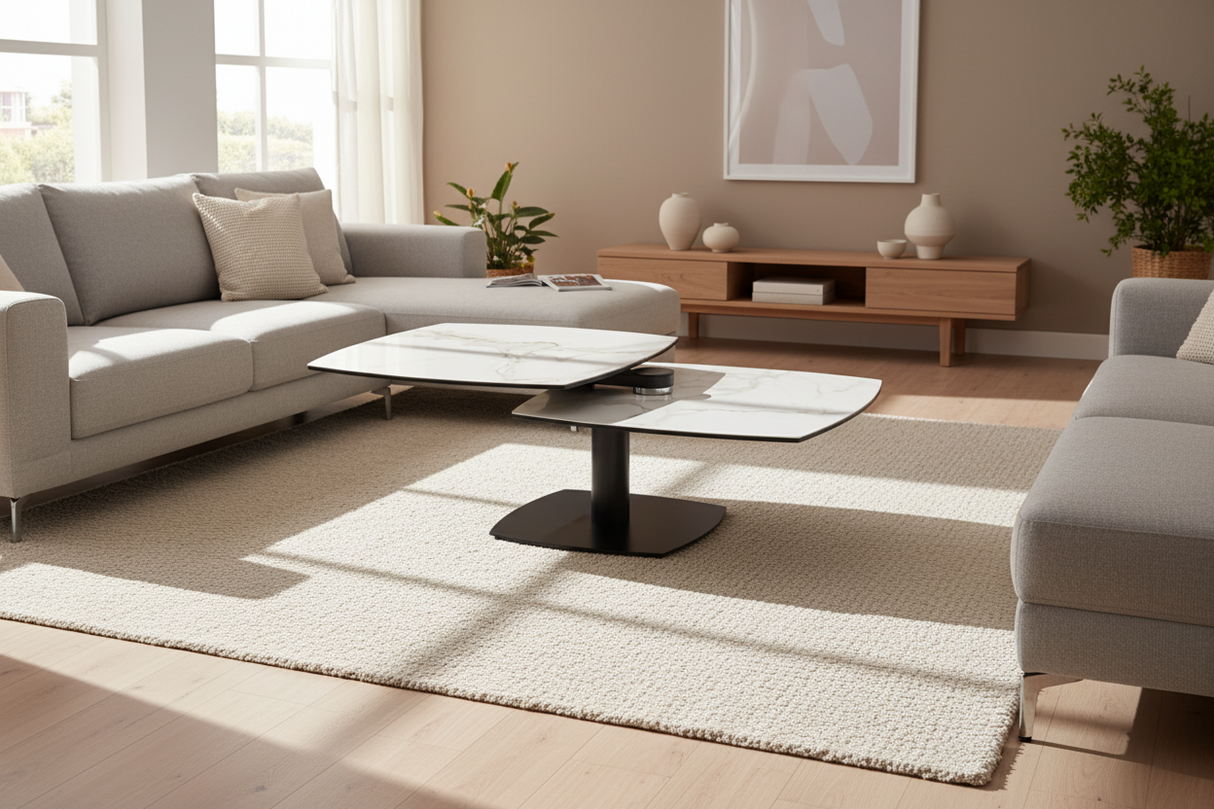 Table basse Theresa – céramique effet marbre blanc – vue 3/4 – ouverte