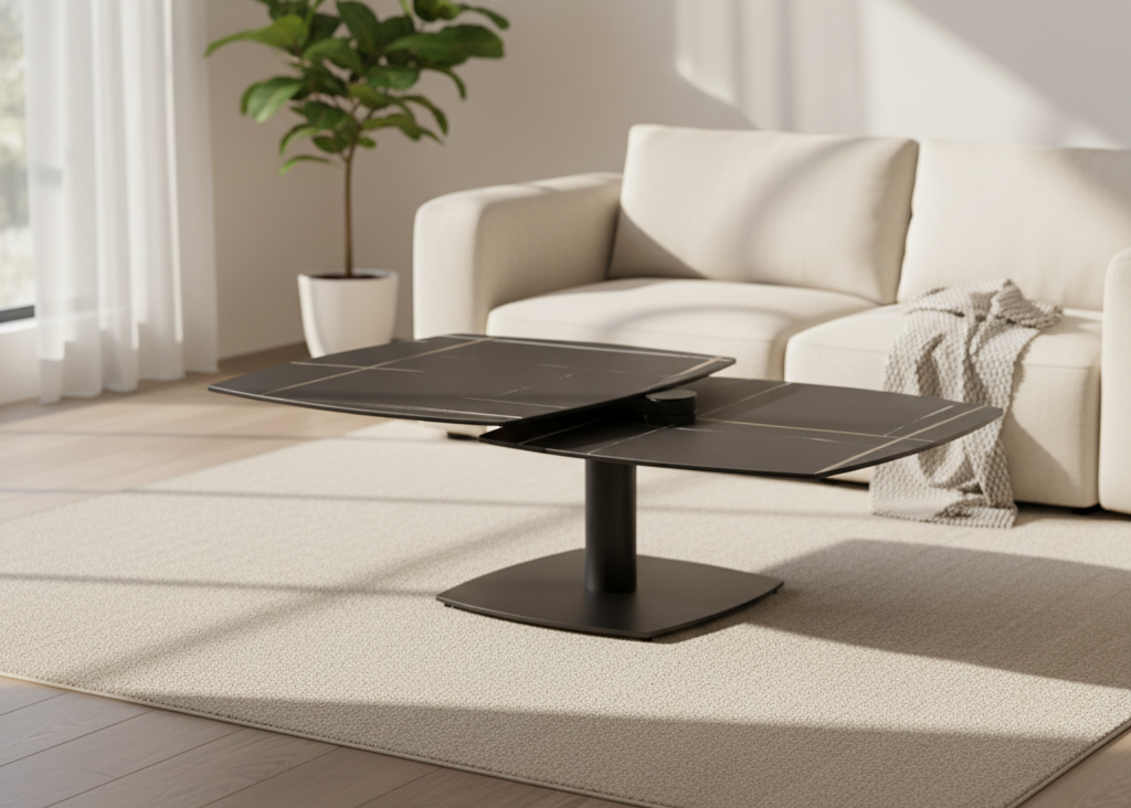 Table basse Theresa – céramique effet marbre noir – vue 3/4 – ouverte