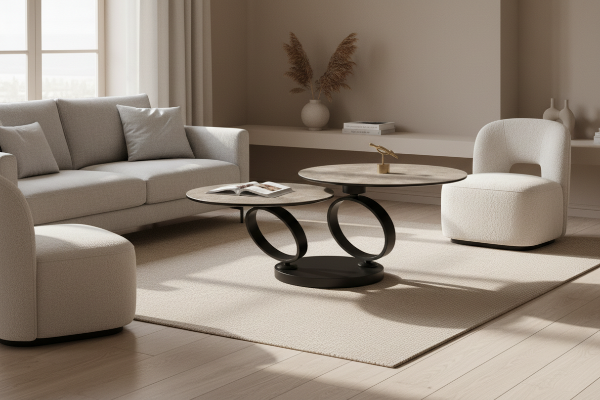 Table basse céramique pivotante ronde taupe design - Souffle d'intérieur