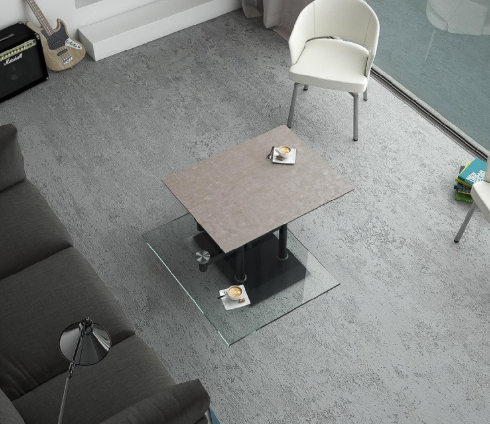 table de salon basse céramique taupe et verre - Souffle d'intérieur