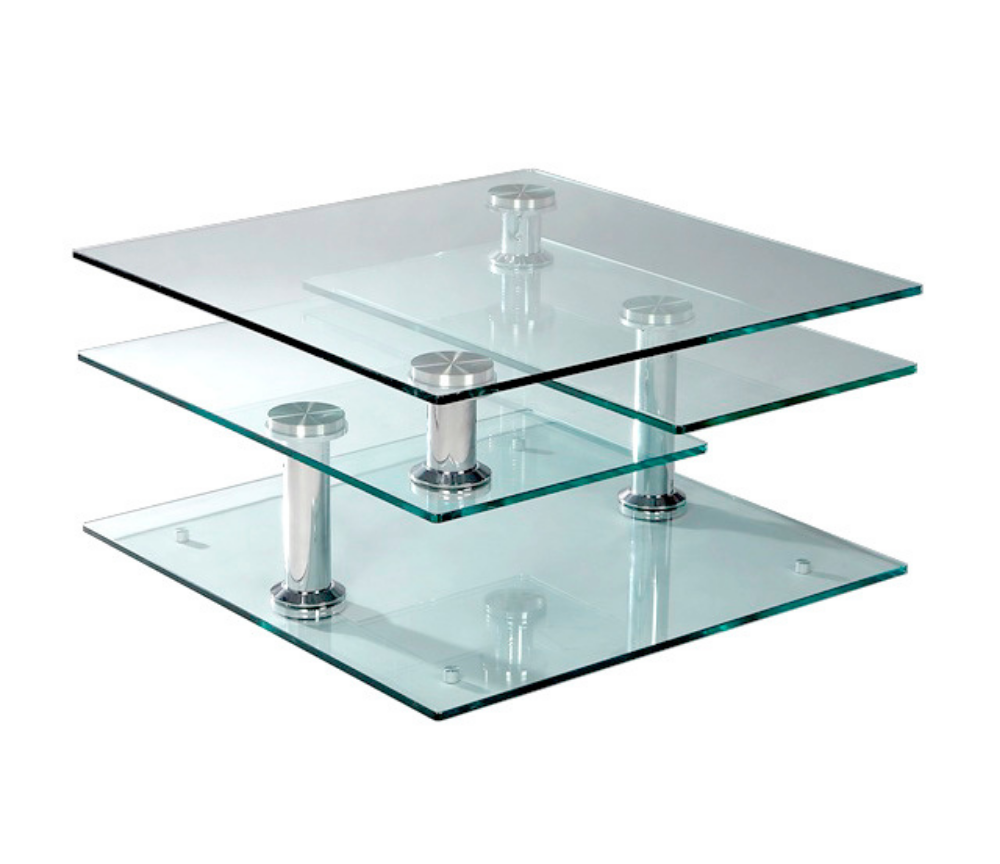 Table basse en verre design 3 plateaux pivotant transparent - Moni