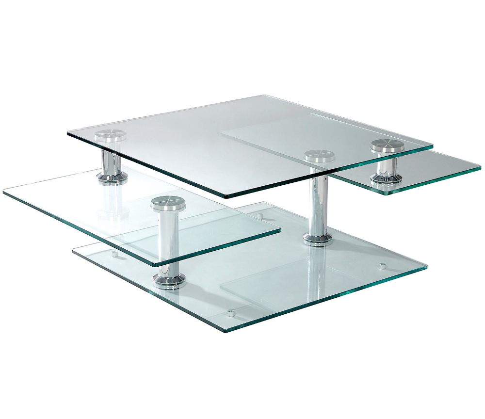 Table basse en verre design 3 plateaux pivotant transparent - Moni