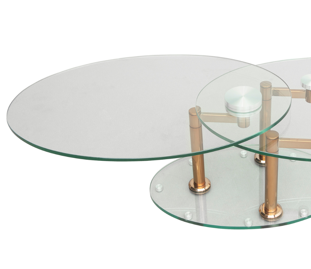 Table basse en verre moderne ovale pivotante mécanisme doré - Daniela