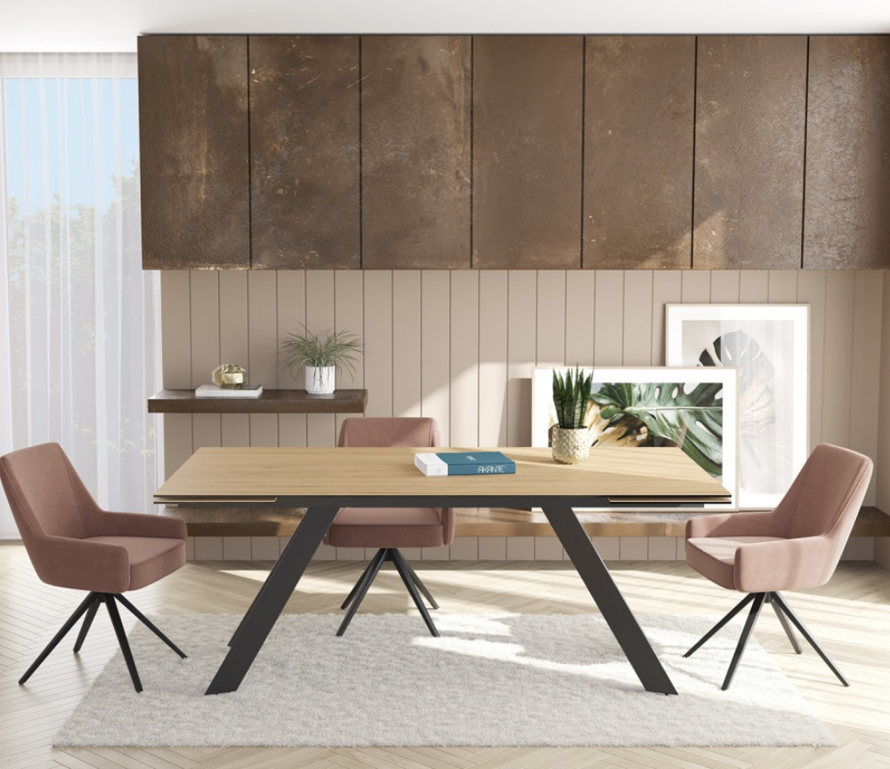 Ontario table céramique extensible effet bois – vue de trois quarts, rallonges intégrées