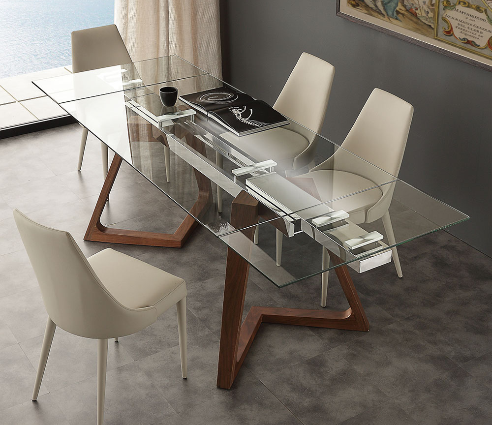 Table en verre extensible rallonges intégrées pieds bois noyer L160cm - Ken