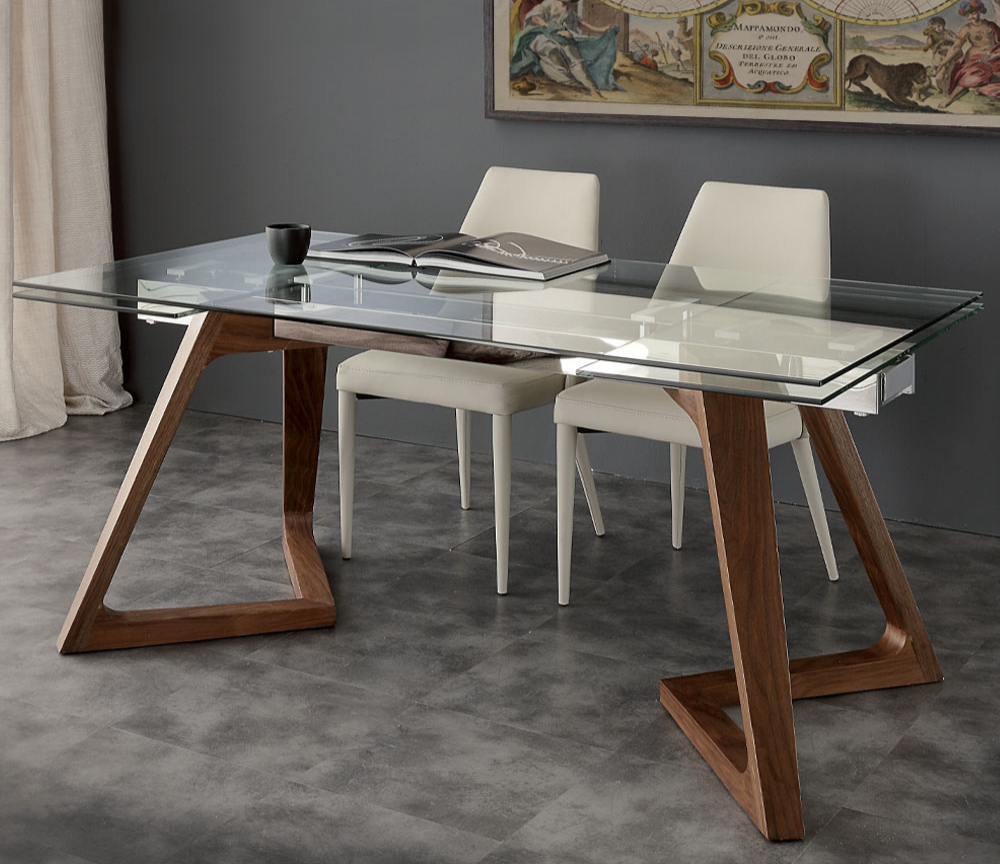 Table en verre extensible rallonges intégrées pieds bois noyer L160cm - Ken