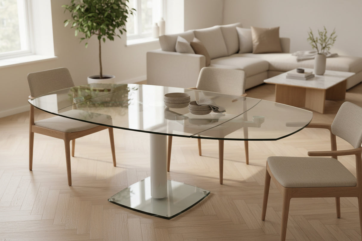 Table extensible Gia – rallonges papillon – ouverte – verre trempée transparente