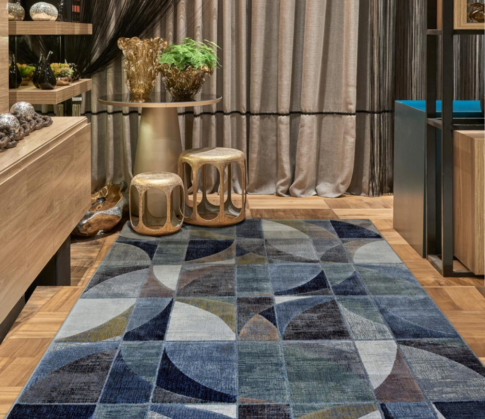 Tapis salon bleu vintage decor graphique moderne rectangulaire - Souffle d'intérieur