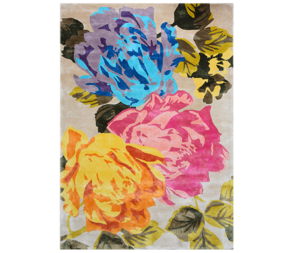 Tapis salon motif fleurs bleu jaune et rose moderne - Flowersy