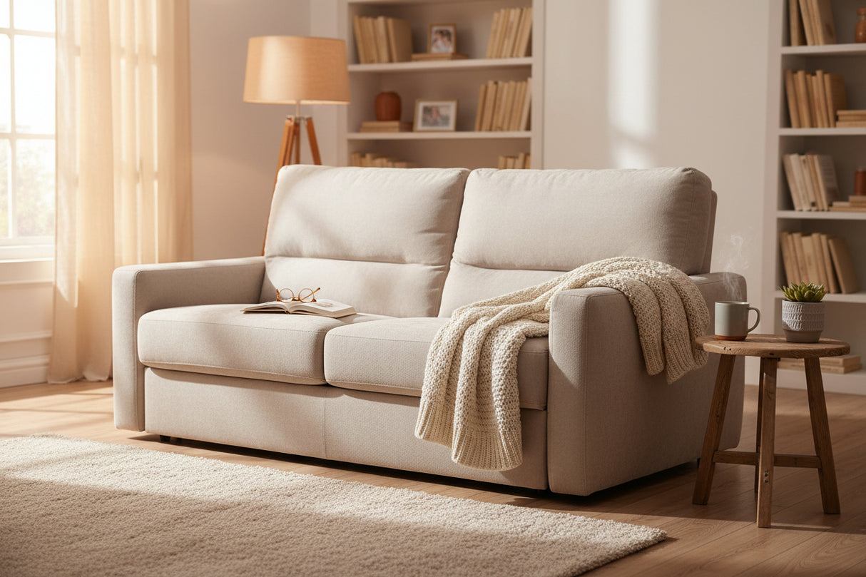 Détail tissu beige du canapé convertible Rita