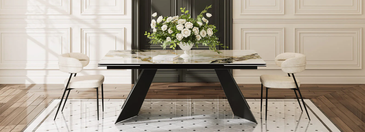 Table à manger en céramique effet marbre extensible – salon contemporain
