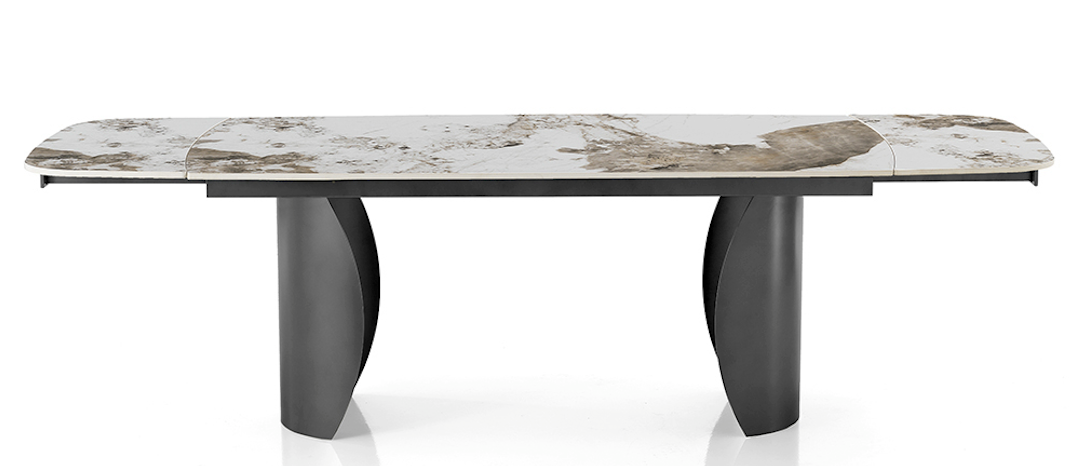 Table céramique marbre ovale extensible sur fond blanc en position ouverte