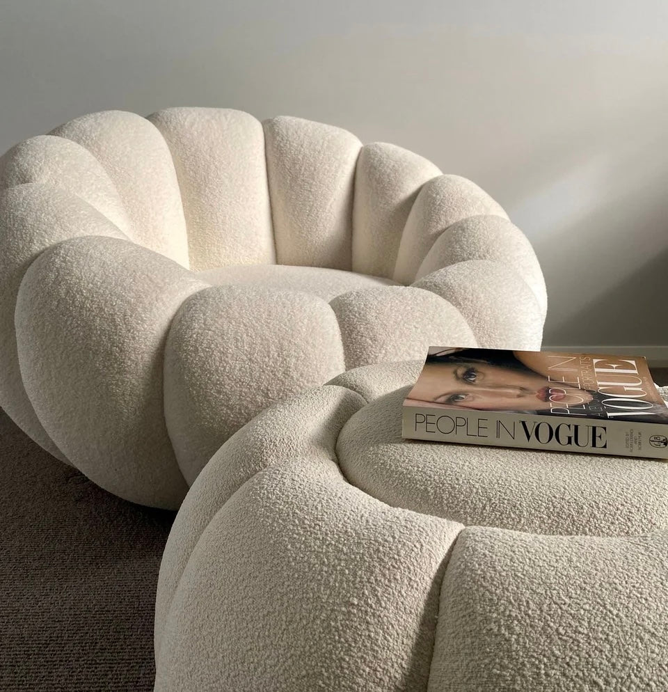 Fauteuil bouclette blanc avec pouf - Cozya