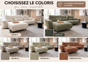 Canapé d'angle dossiers avance recul Melania – 5 coloris de tissu bouclette au choix