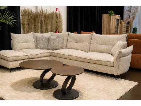 Canapé d'angle beige en tissu chiné au magasin de meuble à Yerres - Souffle d'intérieur