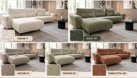 Canapé d'angle dossiers avance recul Melania – 5 coloris de tissu bouclette au choix