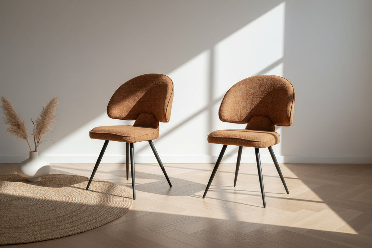 Chaise Cléopâtre tissu bouclé terracotta pieds métal noir