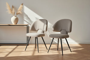 Chaise Cléopâtre tissu bouclé taupe pieds métal noir