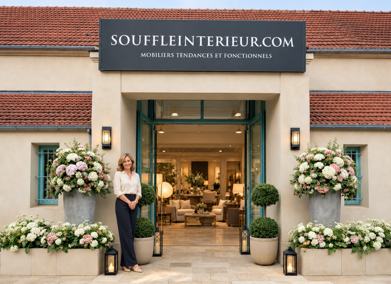 Entrée du magasin de meubles Souffle d'Intérieur à Yerres, porte ouverte, une conseillère accueille les visiteurs