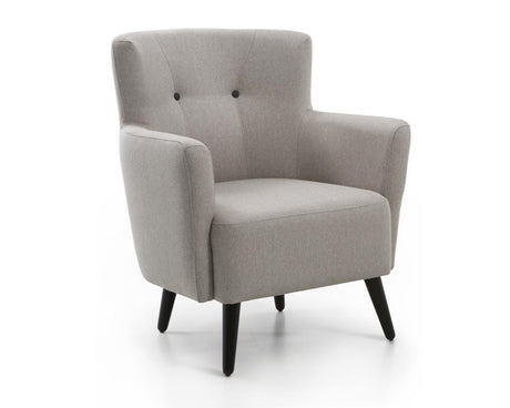 Fauteuil crapaud en tissu beige capiton noir et pieds bois - Souffle d'intérieur