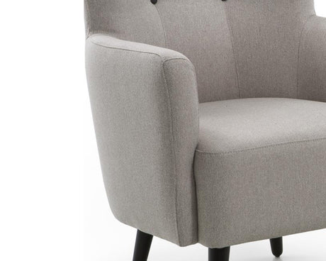 Fauteuil crapaud en tissu beige capiton noir et pieds bois - Souffle d'intérieur