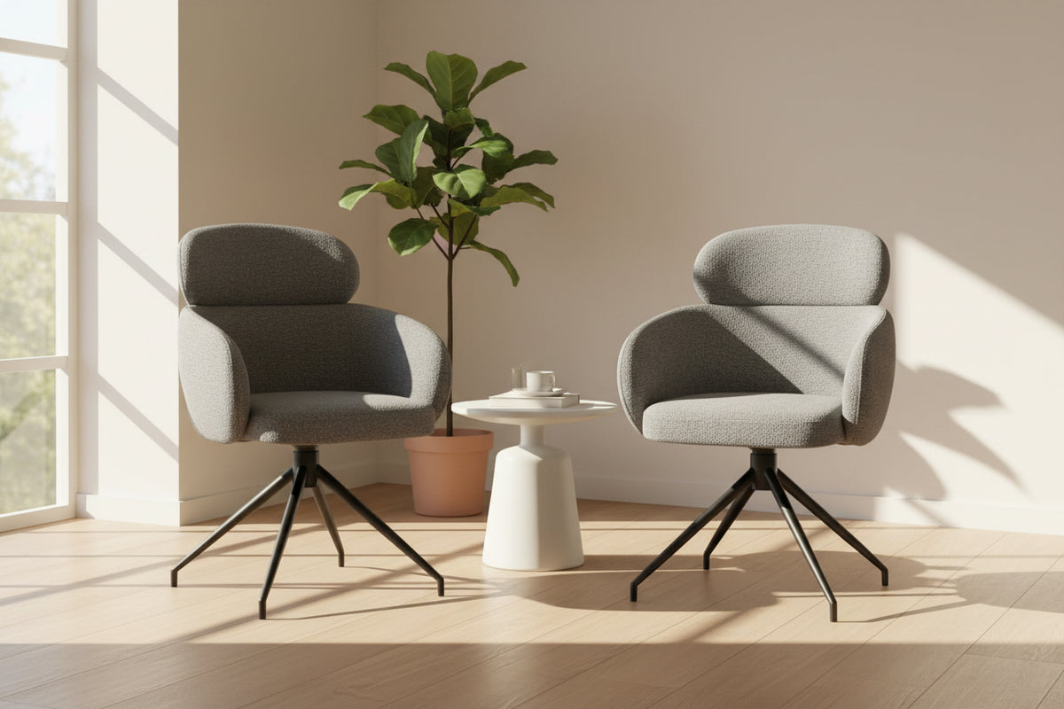 Chaise Jonas Lievens accoudoirs pivotante tissu anthracite pieds métal noir