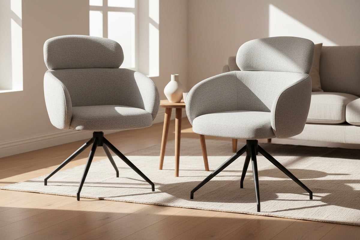 Chaise Jonas Lievens accoudoirs pivotante tissu gris pieds métal noir