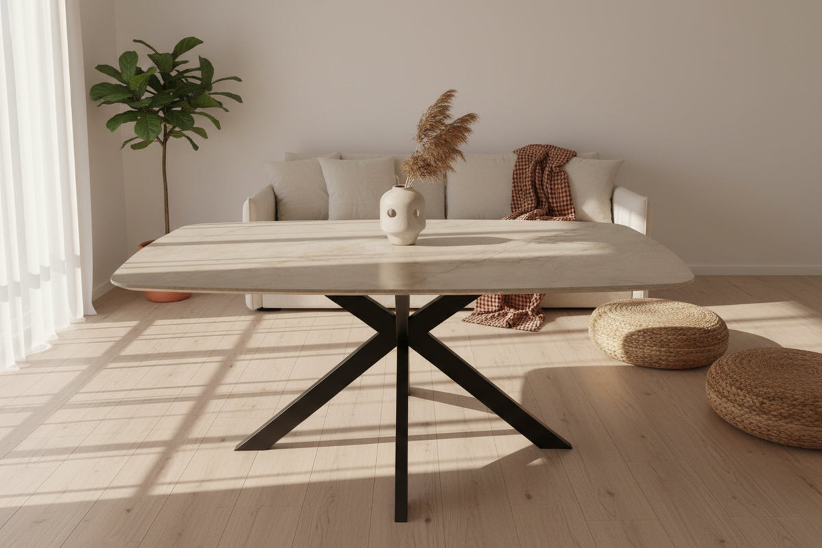 Table Nasa céramique forme tonneau ovalisée – vue d'ambiance salle à manger design