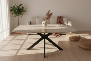Table Nasa céramique forme tonneau ovalisée – vue d'ambiance salle à manger design