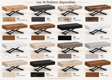 Coloris de la table basse relevable Compact – 16 finitions