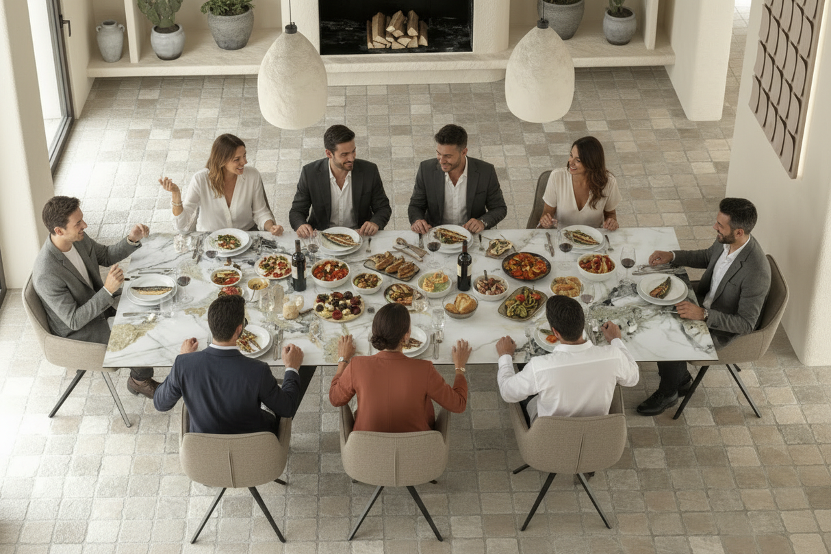 Ontario XL table extensible céramique – vue ambiance déjeuner 8 personnes, finition marbre