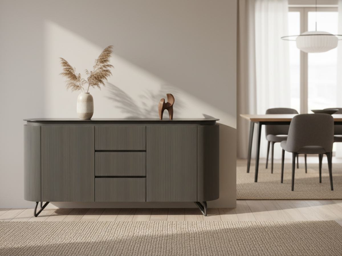 Buffet bas laqué Columbus Akante 170 cm, 2 portes et 3 tiroirs, plateau céramique, dans une salle à manger contemporaine