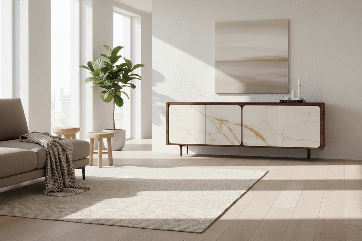 Fiory buffet bas bois marbre céramique – vue de face