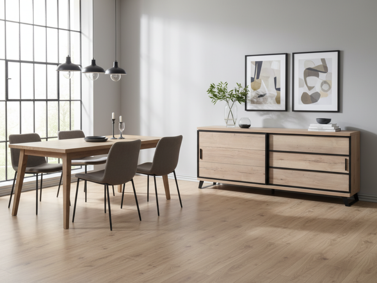 buffet bois naturel portes coulissantes en ambiance dans une salle a manger contemporaine avec une table de repas assortie