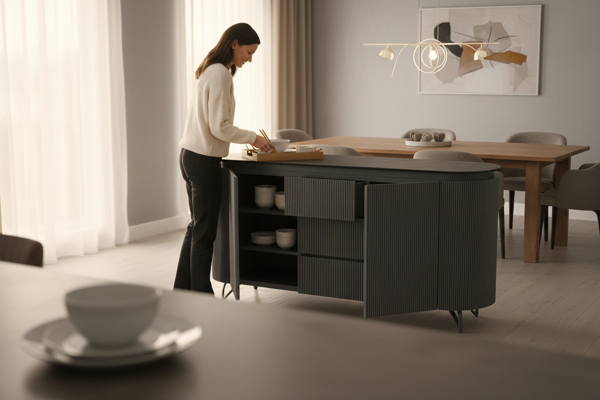 Buffet Columbus Akante avec 3 tiroirs et pieds métal dans une salle à manger moderne