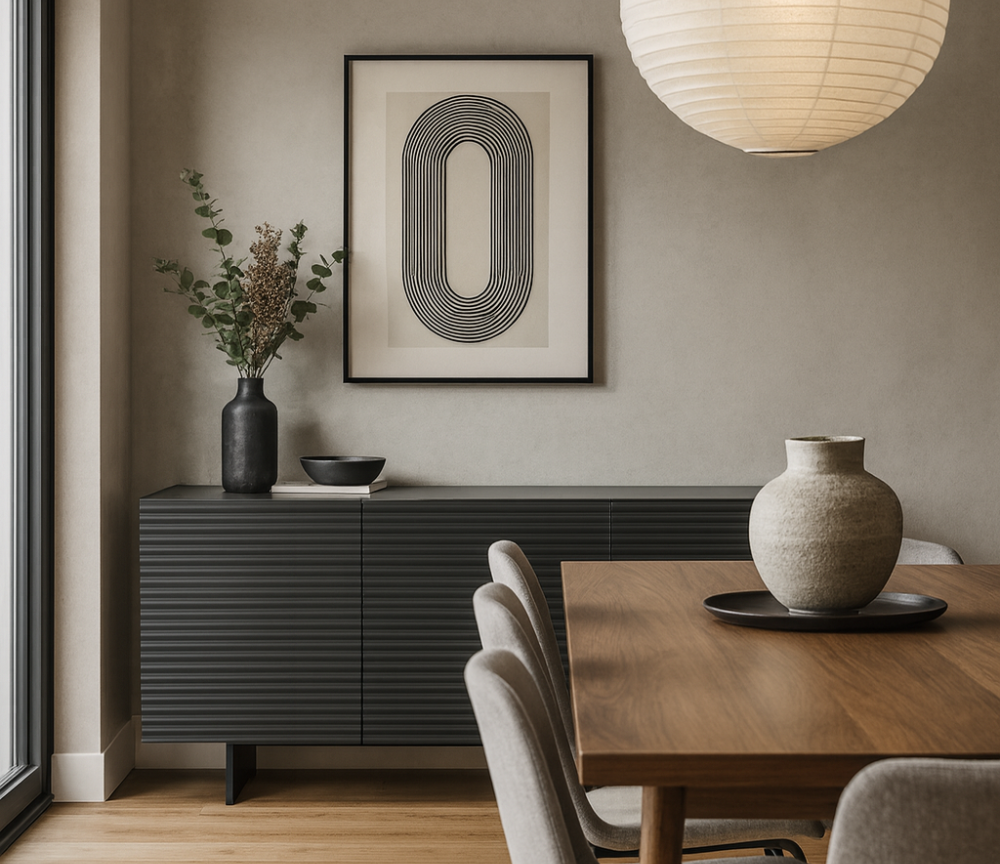 Warren buffet gris 3 portes laqué mat – vue 3/4