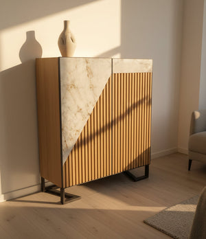 buffet haut bois et céramique avec éclairage et pieds métal