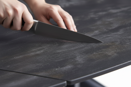Céramique grise anti-rayure - main et couteau gros plan