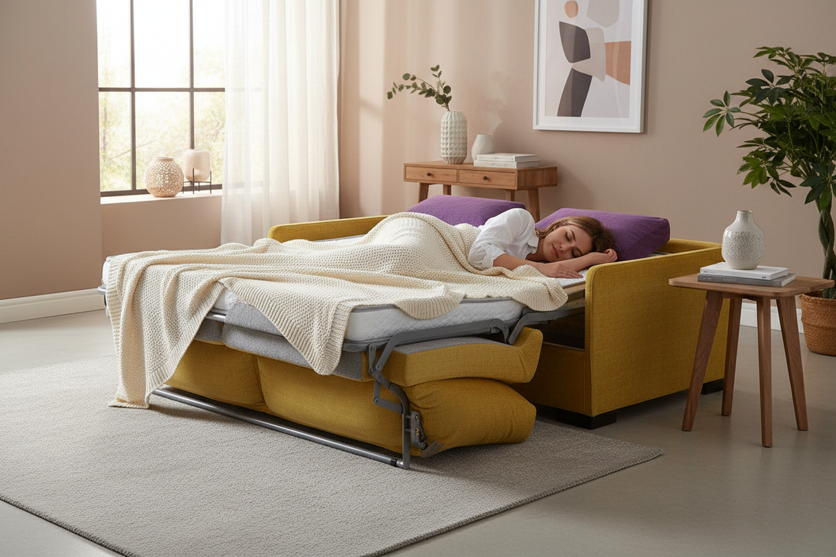 Canapé convertible jaune moutarde ouvert - femme endormie