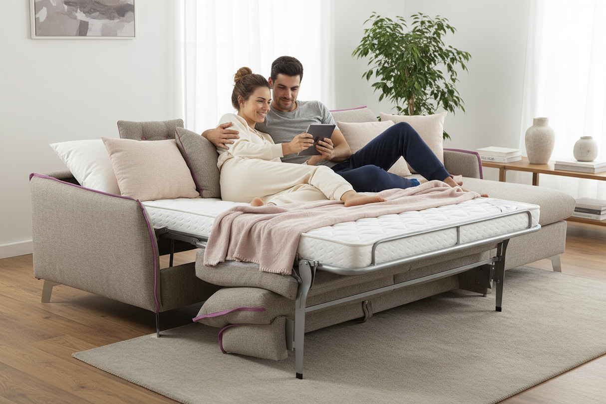 Canapé convertible ouvert - couple en détente sur le lit