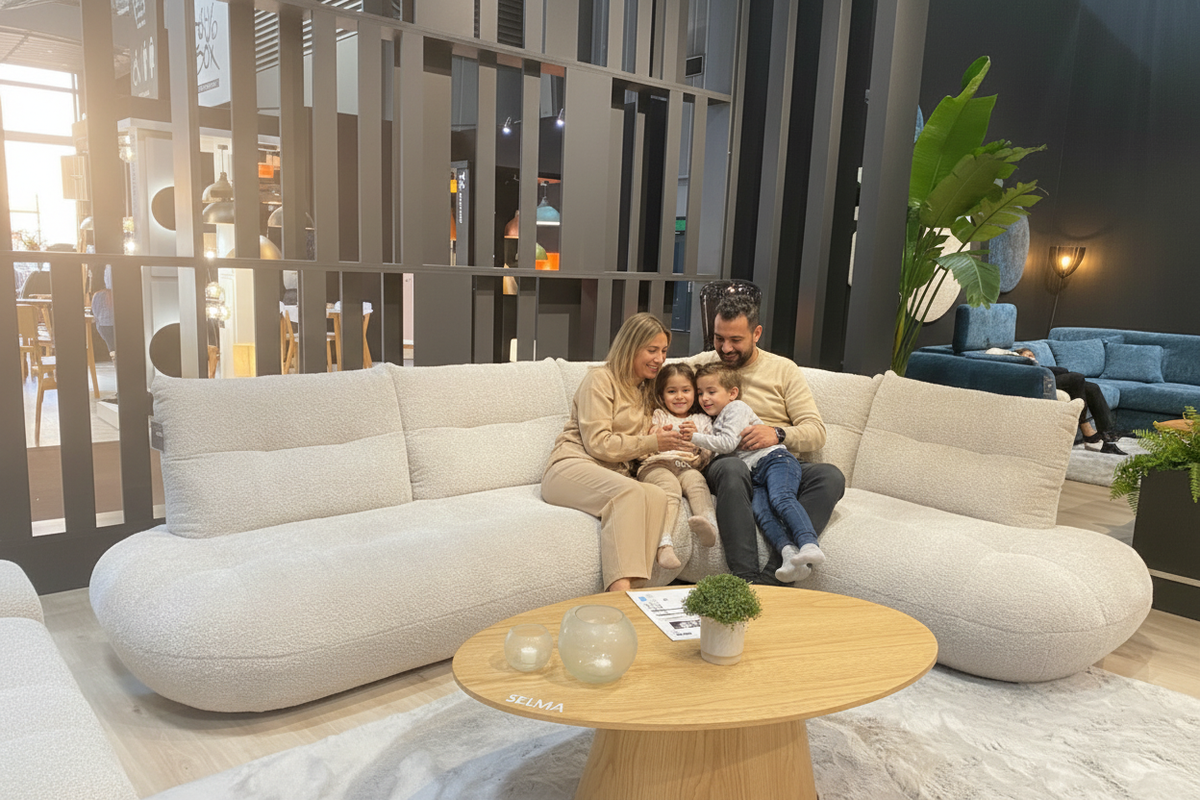 Canapé d'angle Moony en bouclette avec une famille dans un salon contemporain