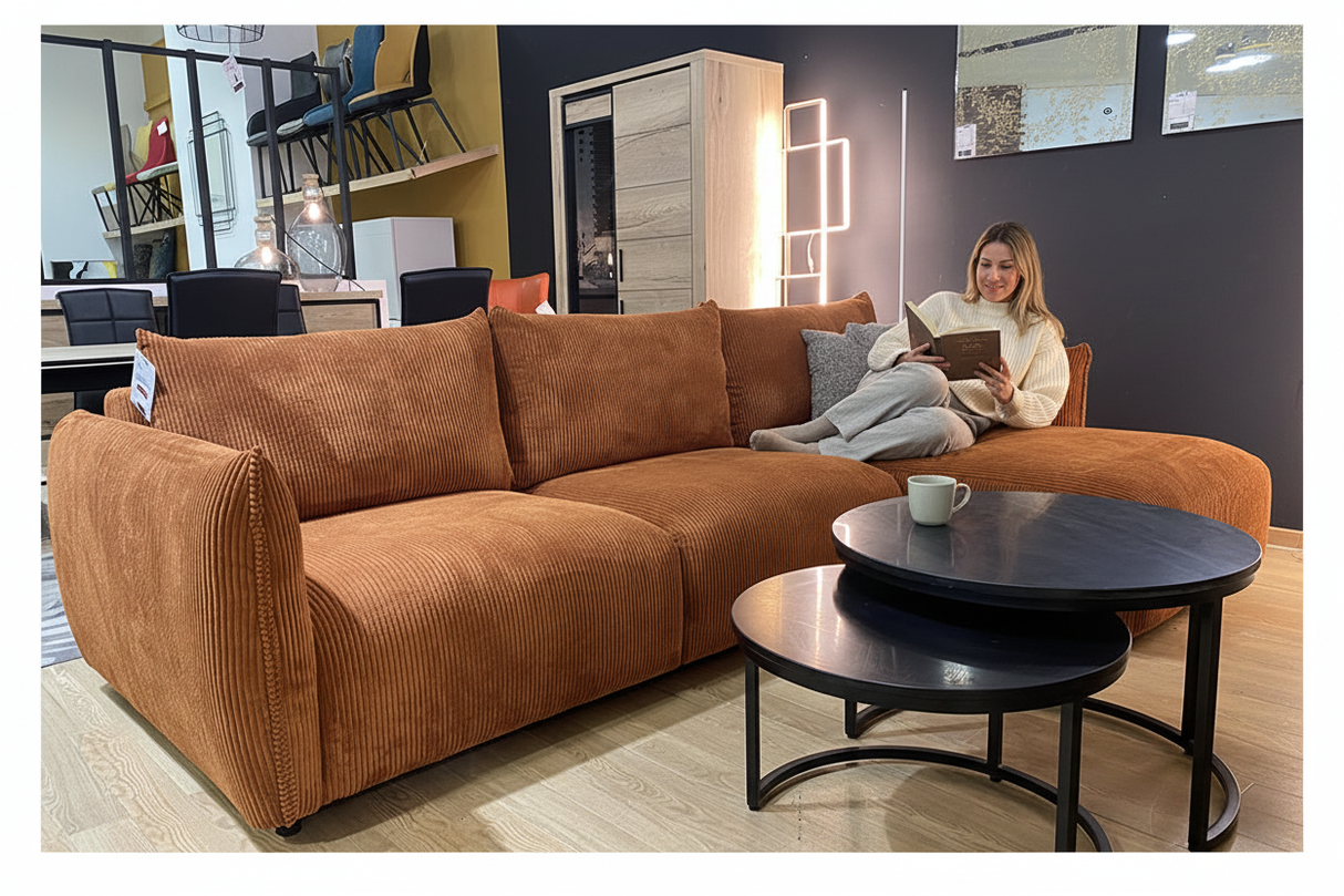 Canapé Faly d'angle velours côtelé terracotta - femme relaxant lifestyle