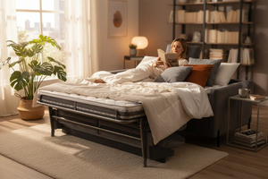 Canapé-lit convertible velours gris dans salon chaleureux