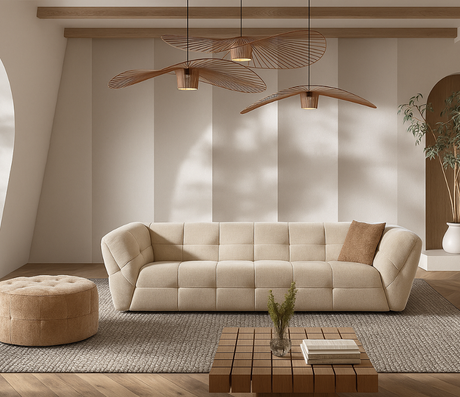 Canapé 3 places en tissu beige confortable dans une salle à manger contemporaine - Souffle d'intérieur